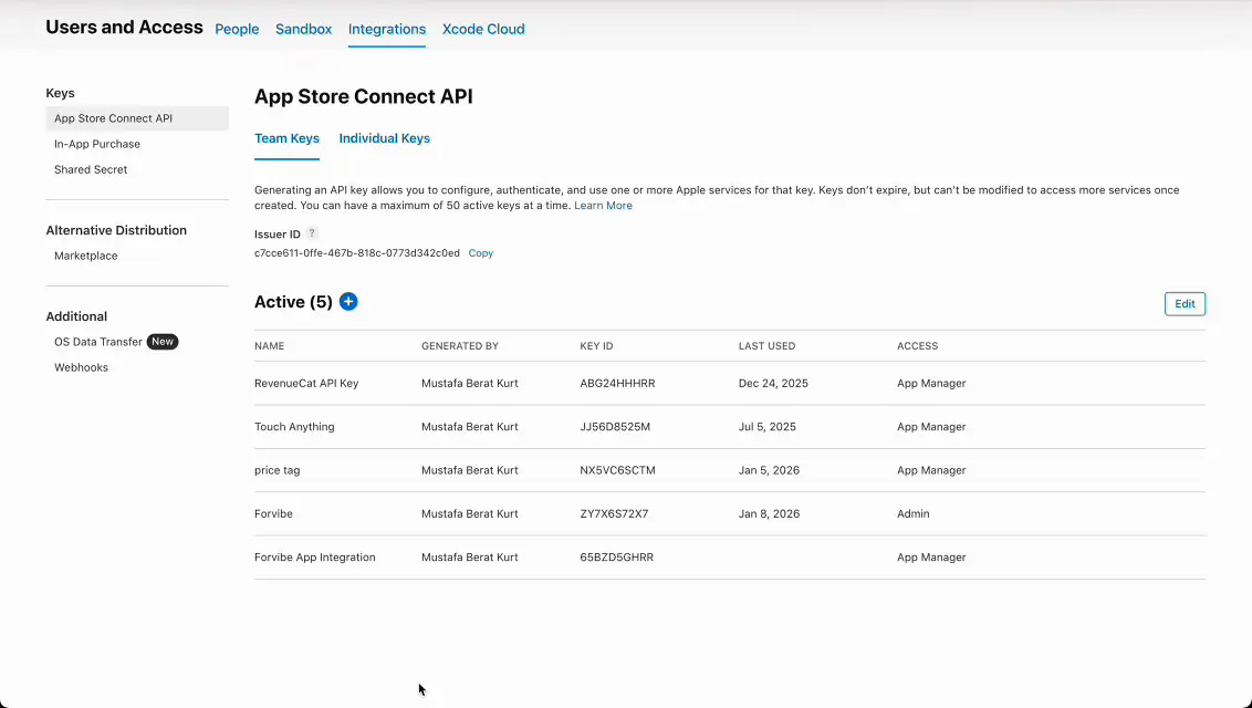 Connect App Store Connect in Forvibe